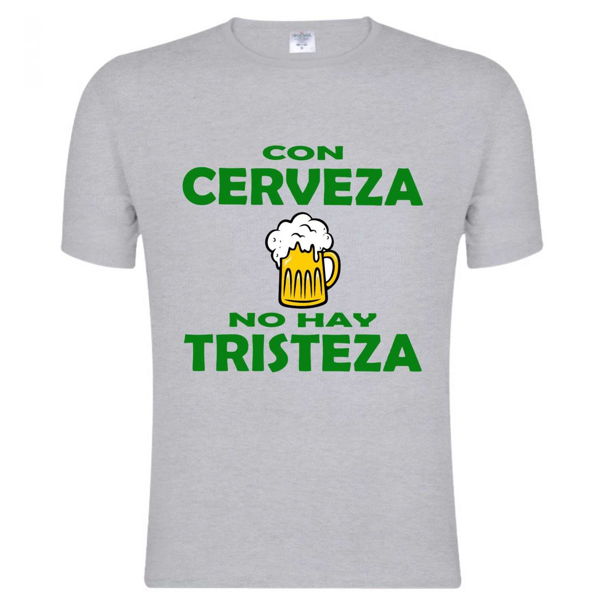 Camiseta gris “Con cerveza no hay tristeza”, 100% algodón, cómoda y con diseño alegre. Tallas de S a 3XL. ¡Regala buen humor!