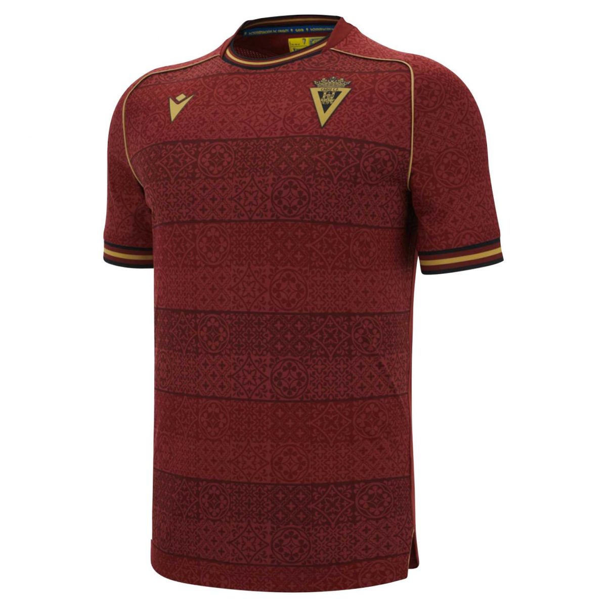 Camiseta oficial segunda equipación Cádiz CF 2025/26 en color corinto. Producto adulto con tallas S a 5XL. Diseño inspirado en el Pendón de Cádiz.