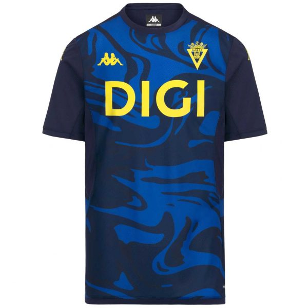 Camiseta prepartido oficial Cádiz CF 2026/27 Kappa azul con detalles amarillos y escudo del club