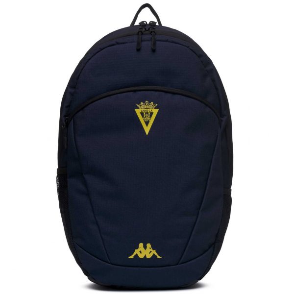 Mochila oficial Cádiz CF Kappa 2026/27 azul marino con escudo del club y logo amarillo