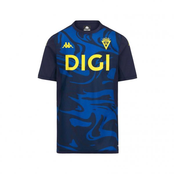 Camiseta prepartido infantil Cádiz CF 2026/27 Kappa azul con escudo y patrocinador DIGI