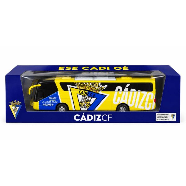 Autobús de juguete oficial Cádiz CF en caja con diseño amarillo y azul